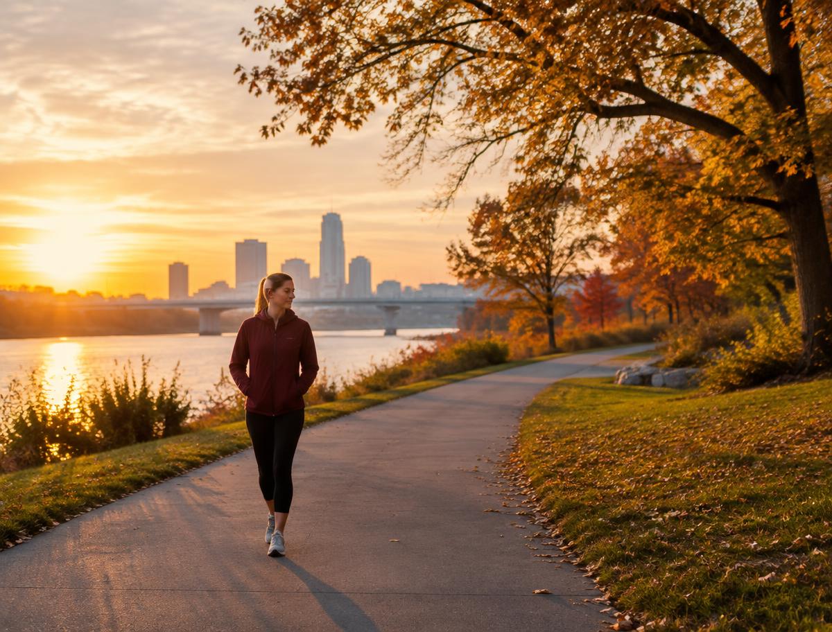 Person walking a riverside trail in Omaha in autumn